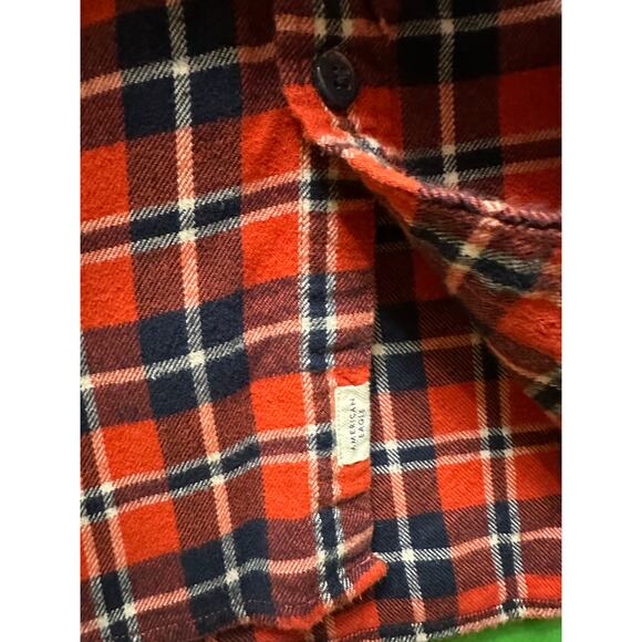 American Eagle Flannel Button Down - Orange/Navy Plaid - Size M Medium Men - Picture 6 of 10
